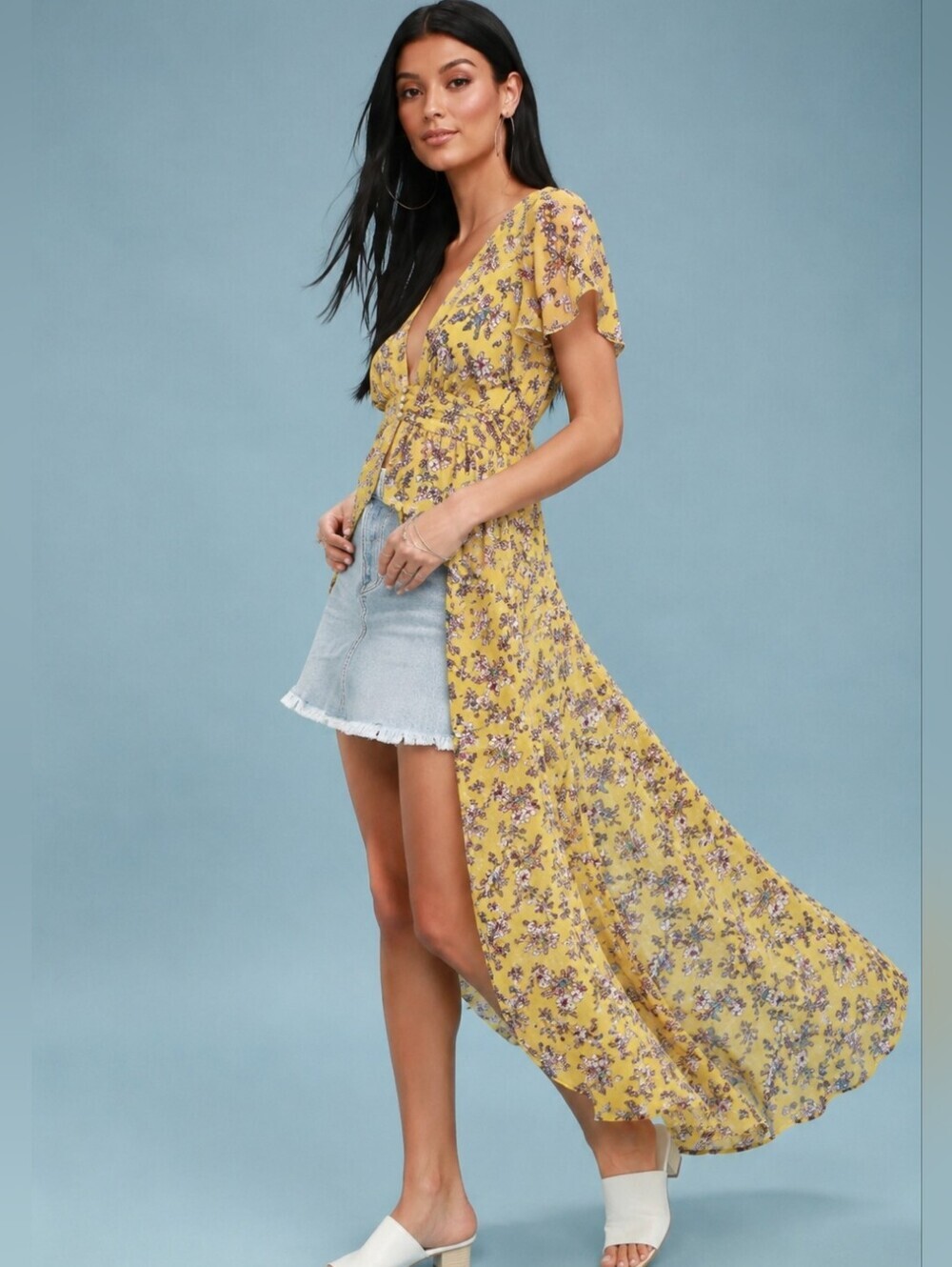 Meghan Los Angeles Yellow Floral High Low Duster Button Front Maxi Top. Med - Picture 3 of 16